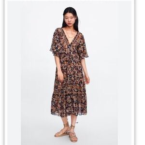 Zara Floral Print Midi Dress with deep V back black Size S